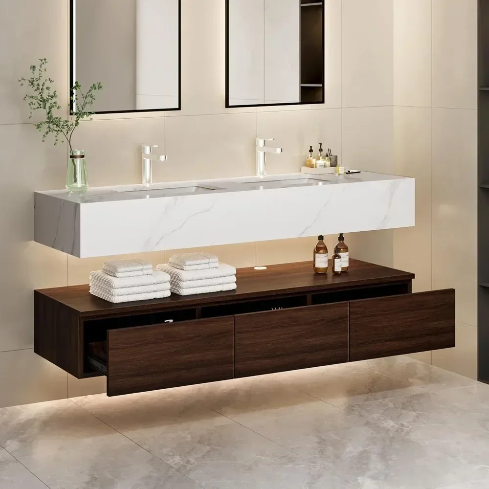 60 Inch Floating Vanity Bathroom with Double Integrated Set, Wall Mounted Bathroom Storage Cabinet with Sintered Stone