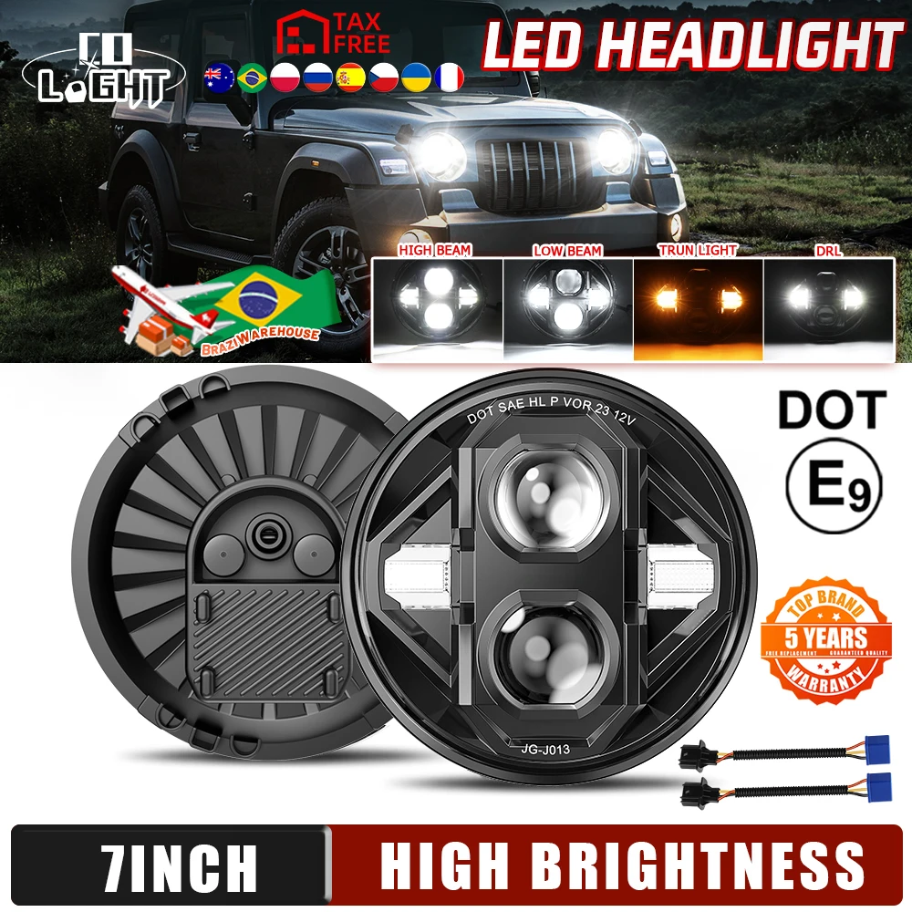 CO LIGHT Motorcycle 7 Inch Led Headlight 20000LM DOT E9 DRL for Lada Niva 4X4 Uaz Offroad Moto 12V 24V Angel Eyes Car Light