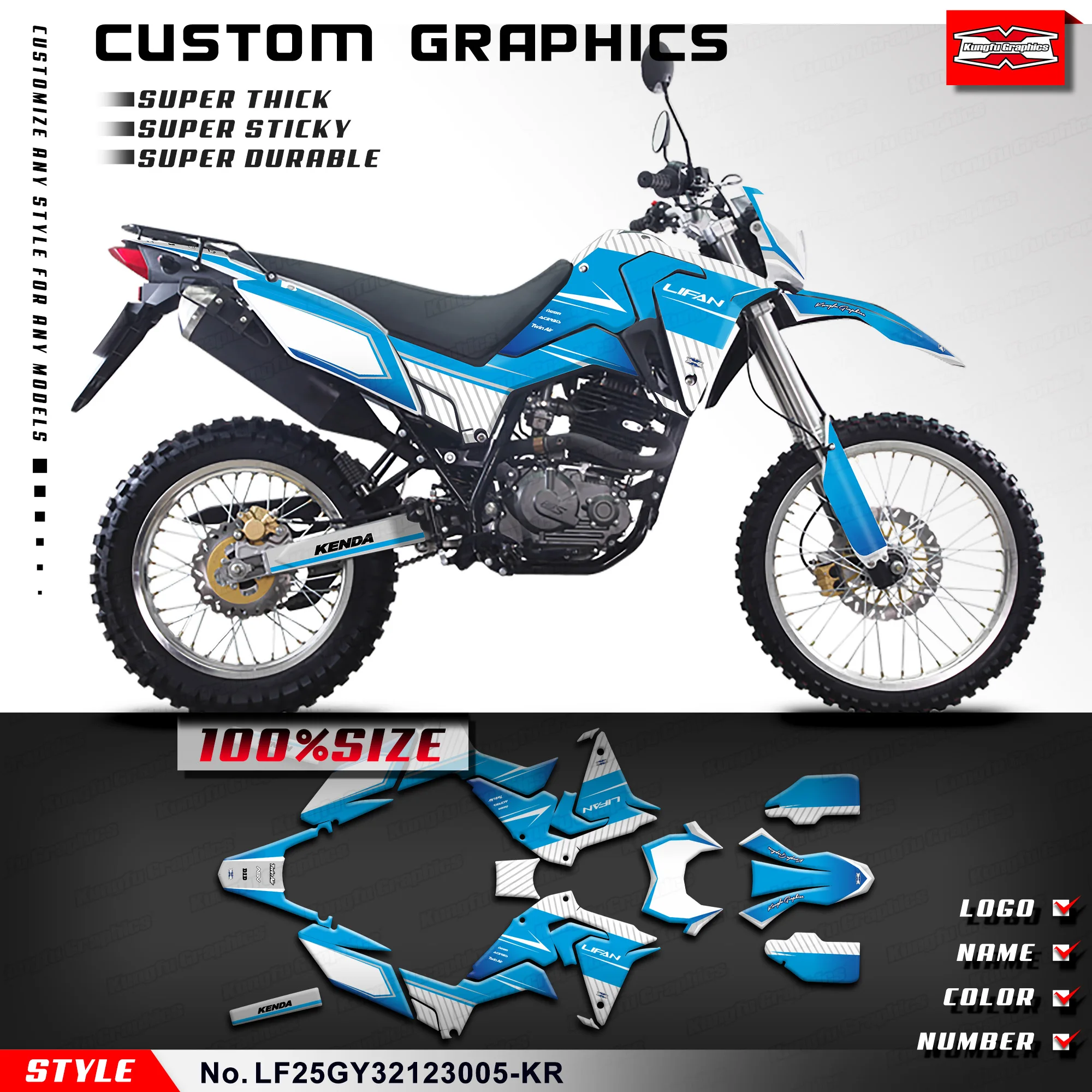 

KUNGFU GRAPHICS Adhesive Sticker Wrapping for LIFAN LF250GY-3 2021 2022 2023 KPX 250 KPX250 LGC-Fi, Blue White,LF25GY32123005-KR