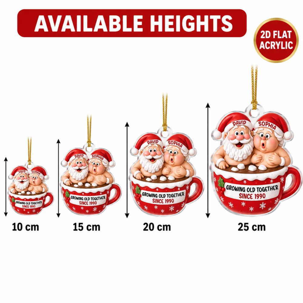 Custom Names Year Santa Couple Christmas Ornament, 2D Acrylic Hot Chocolate Mug Pendant, Growing Old Together Xmas Tree Keepsake - view 6