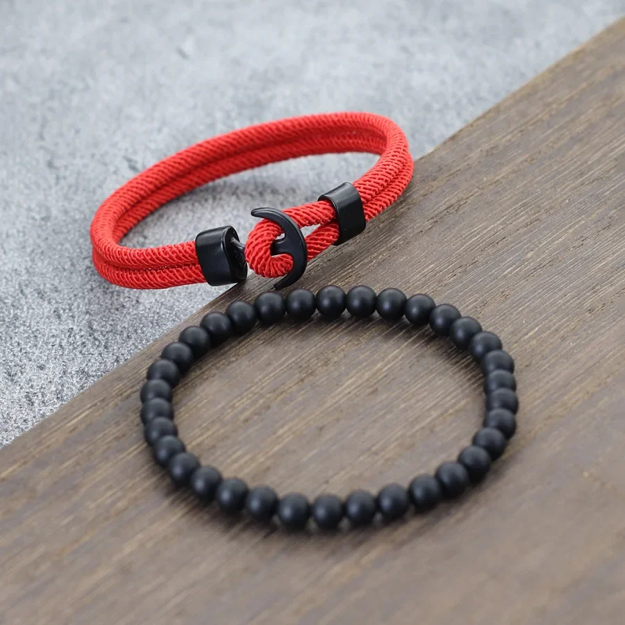 أنيق مرساة 2 قطعة/المجموعة سوار الرجال حجر العقيق الطبيعي مطرز طبقة مزدوجة 4 مللي متر الصف حبل براكليت سحر تصفح أوم مجوهرات