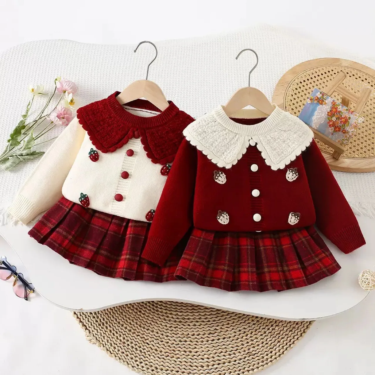 

Spring Baby and Girls Turn-Down Strawberry Contrast Knitted Sweater Coat+Ruffled Dress School Kid 2PCS Set Children Outfit 1-8Yr