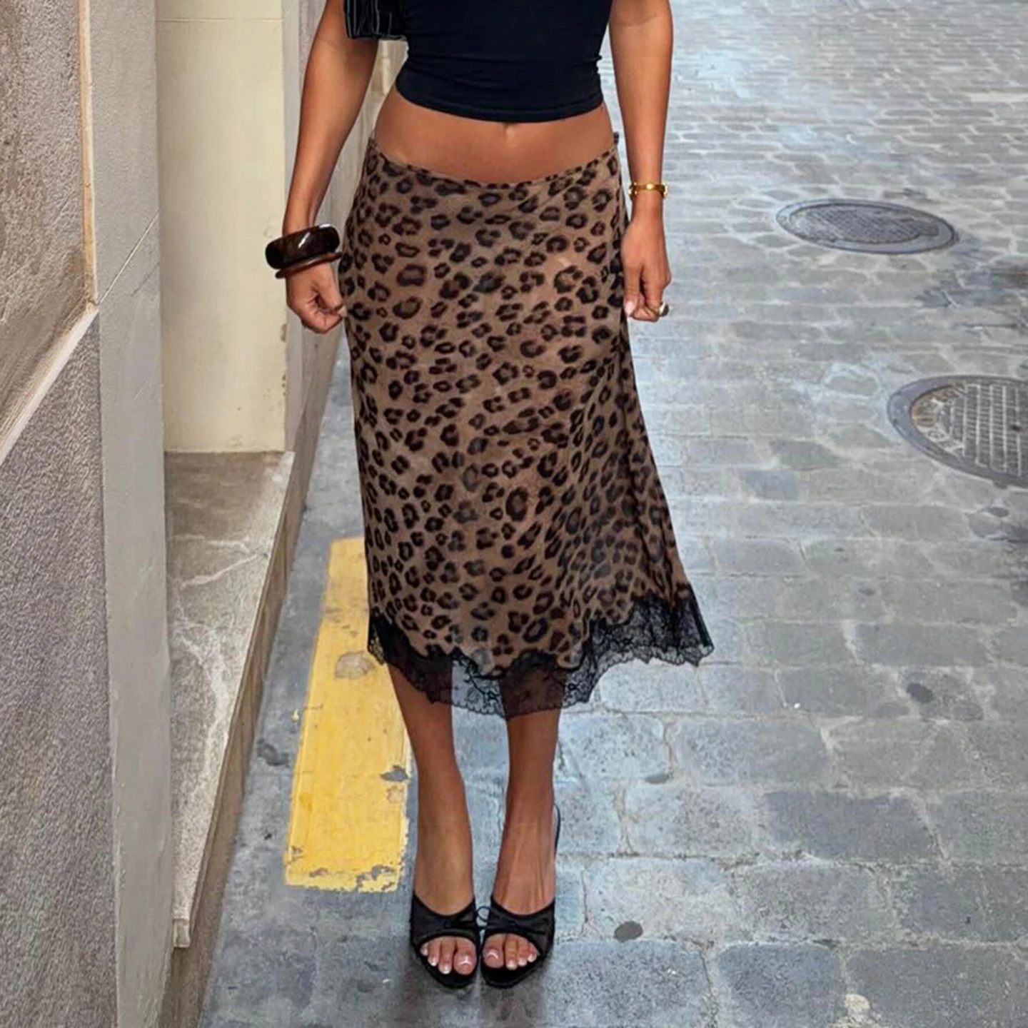 Women’s Leopard Print Midi Skirt Elegant Lace Hem Half Skirt Y2K Vintage Bodycon High Waist Mesh Patchwork Knit Skirt Streetwear view 2
