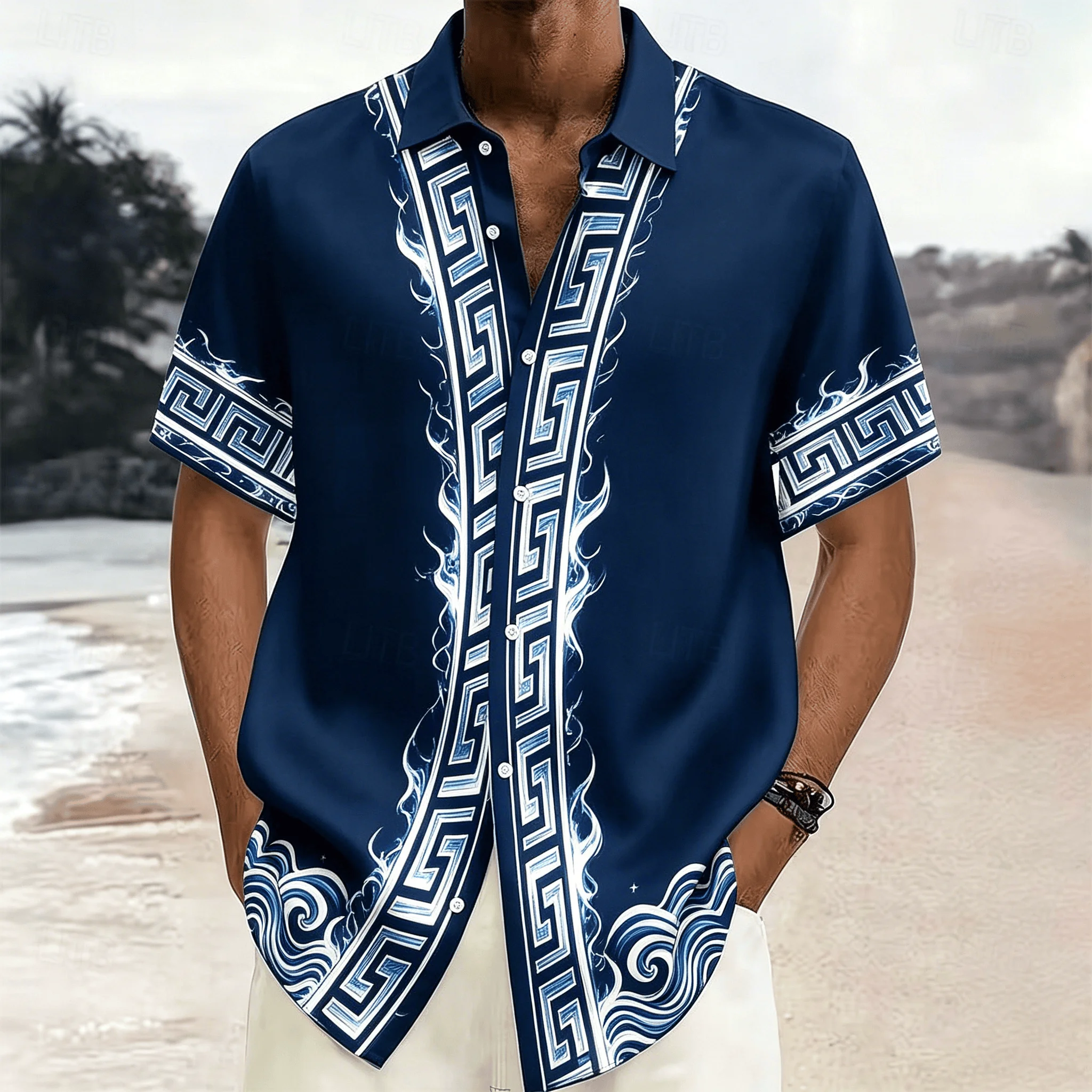 Men's Neon Pink Heart & Greek Key Print Shirt, Black Casual Short Sleeve for Summer