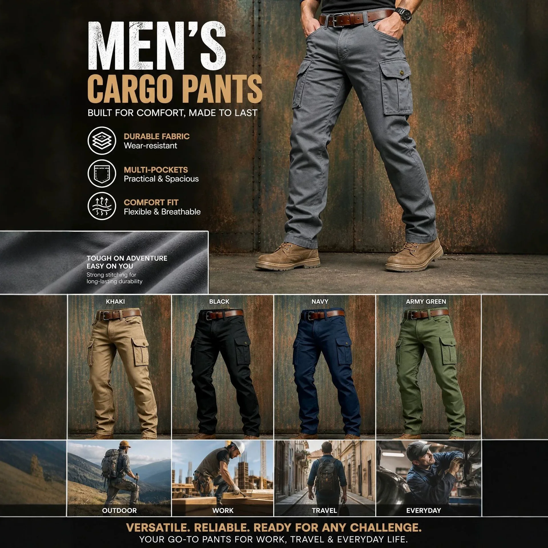 S‑6XL 100% Cotton Men Spliced Color Block Cargo Pants Multi‑Pocket Loose Elastic Waist Outdoor Casual Work Trousers