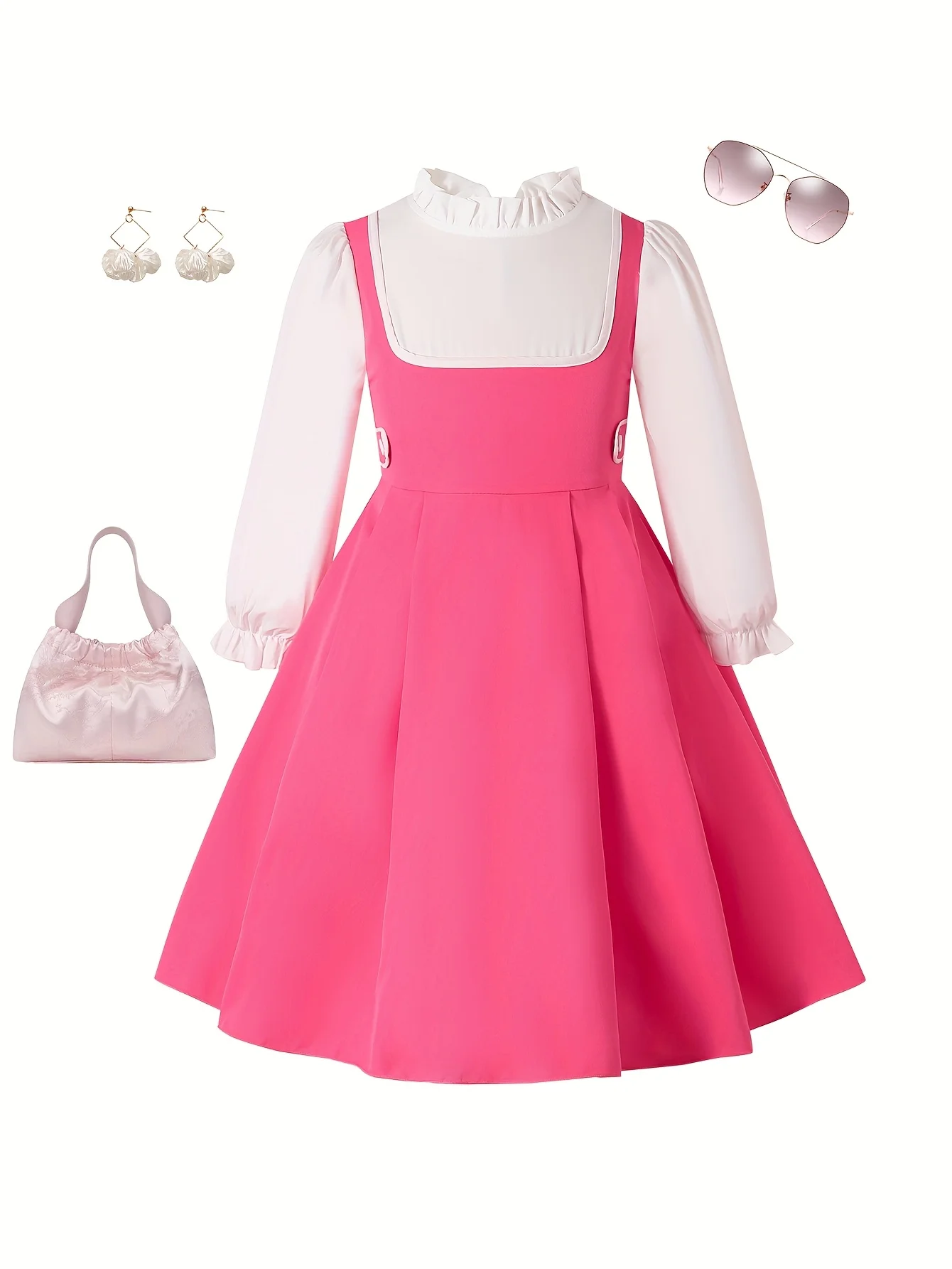 Girls' Vintage Style Patchwork Dress Set: Magenta Pinafore Dress + White Ruffled Stand-Collar Blouse