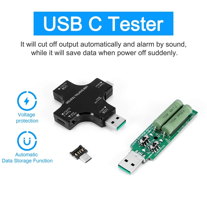 USB C Tester,2 In 1 Type C USB Tester Color Screen IPS Digital Multimeter,Voltage,Current,Power,Temperature,With Loader