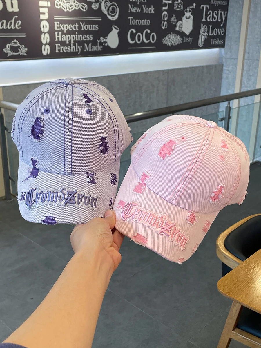 

Denim with Hole Baseball Cap Female New Deep Top Peaked Cap Male Couple Brim Embroidery Sun Protection Hat