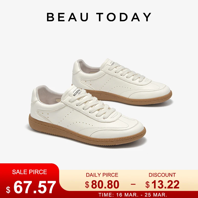 

BEAUTODAY White Sneakers Women Cow Leather Lace-up Round Toe Sewing Ladies Trainning Shoes Handmade 29932