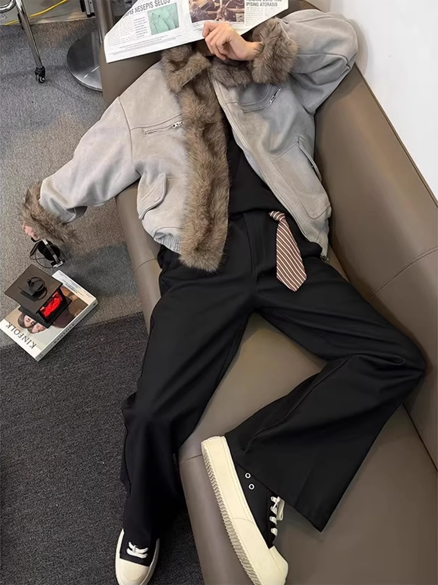 

American High Street Suede Collar Men's Cotton Jaet Winter Thi Warm Retro Design Stand Collar Outerwear Youth Faion