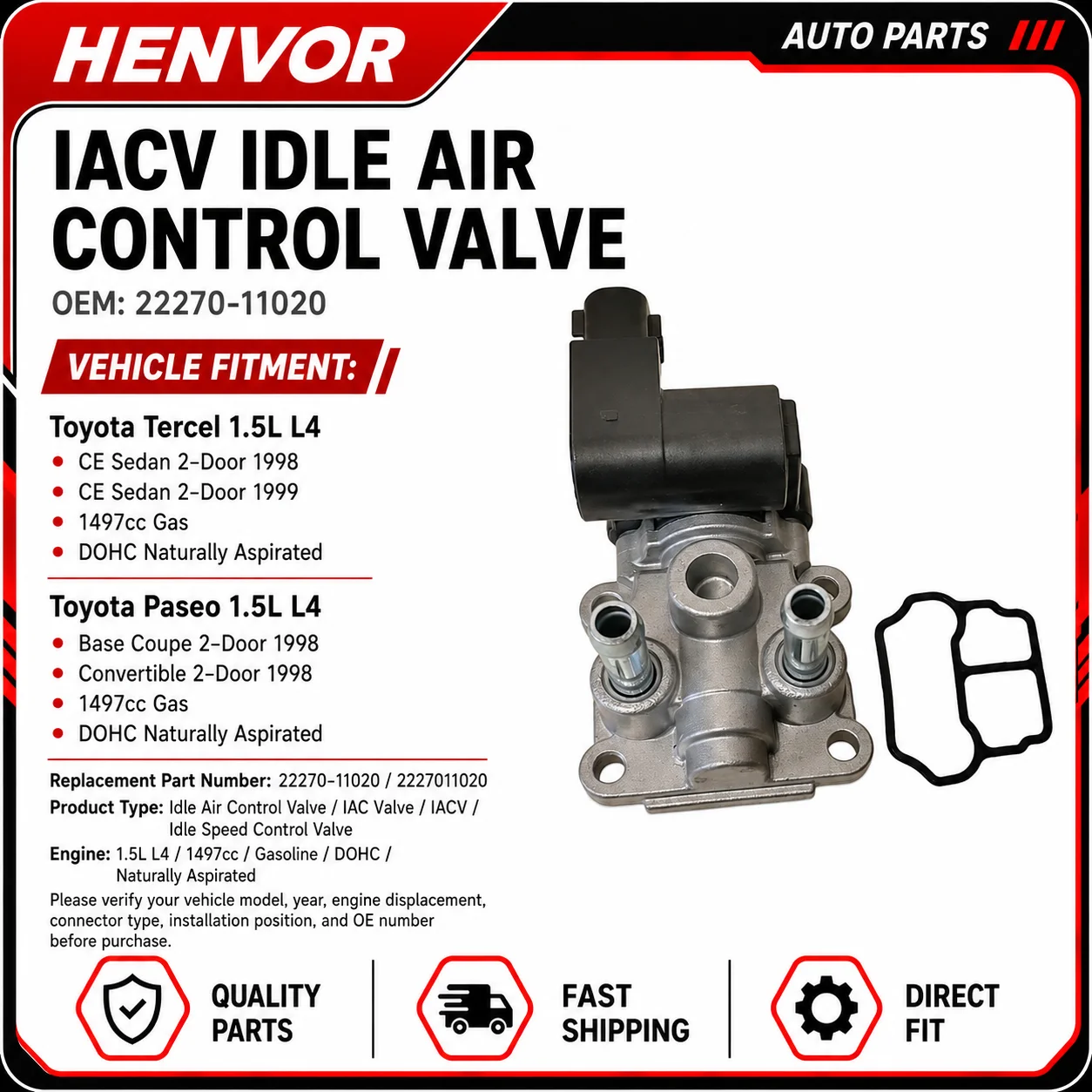 Idle Air Control Valve IAC IACV 22270-11020 for Toyota Tercel Paseo 1.5L 1998-1999 Engine Idle Speed Control Valve