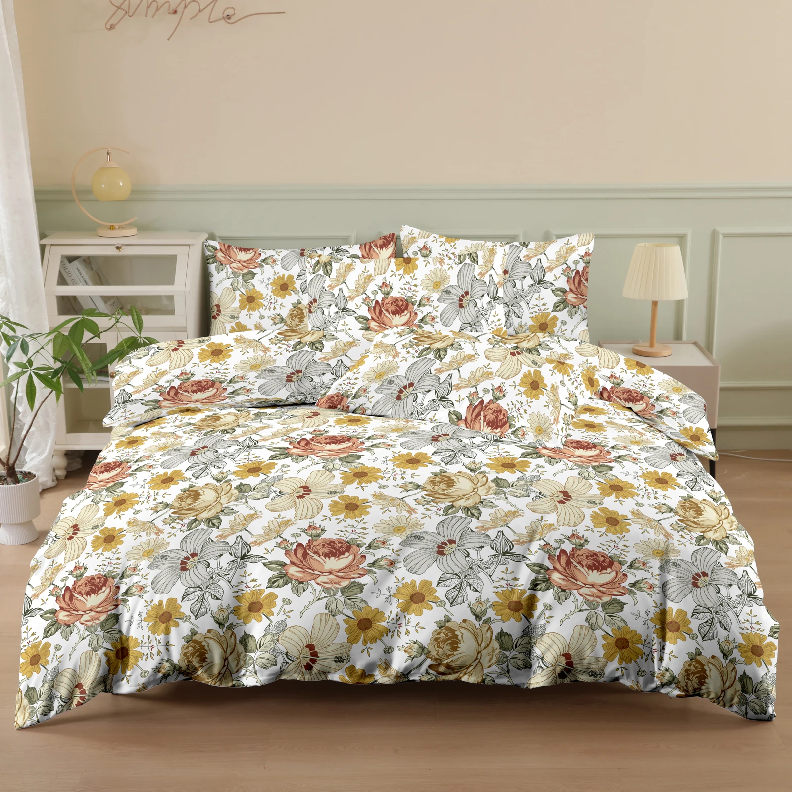 Floral Style Printed Thickened Brushed Printed Duvet Cover Three-Piece Set (2 Pillowcases + 1 Duvet Cover) Polyester Fiber Bedspread 3-Piece Set Ultra Soft and Comfortable Polyester Breathable Bedding Duvet Cover Set Suitable for Bedrooms and Guesthouses (Bedspread + Pillowcases, Without Quilt and Pillow Core) Zippered Duvet Cover + Pocket Pillowcase Multiple Colors Available Four Seasons Use