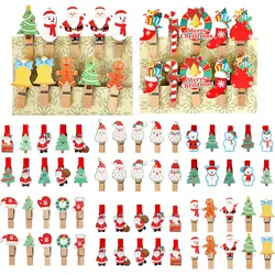 10Pcs Christmas Wood Clips Santa Claus Gingerbread Man Clothespins Card Paper Gift Photo Clip Christmas New Year Home DIY Decor