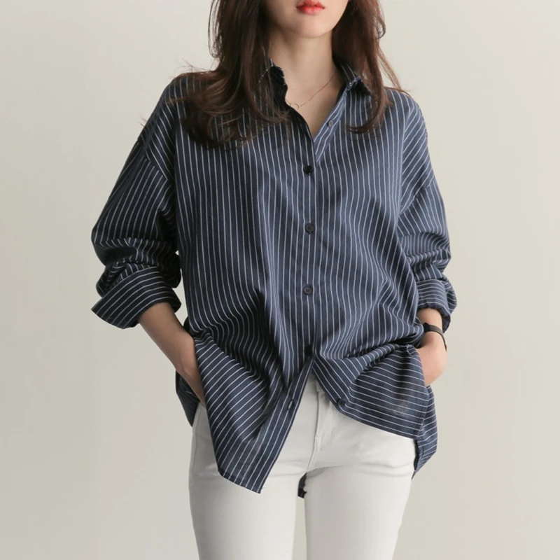 

Korean Fashion Striped Shirt Women Blouses Spring Autumn Loose Long Sleeve Top White Work Shirt