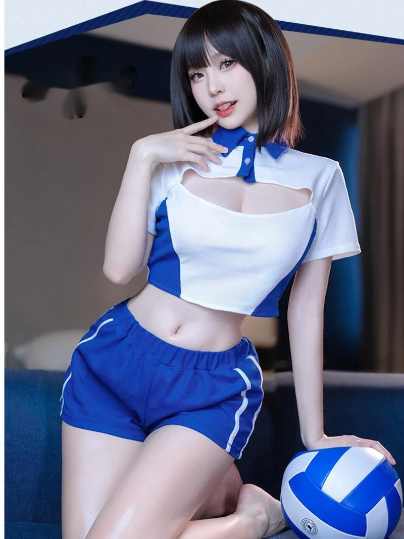 

Набор обучающих упражнений в студенческом стиле, синий, белый, с отложным воротником, полая грудь, с короткими рукавами, модные милые спортивные женские костюмы 9T56