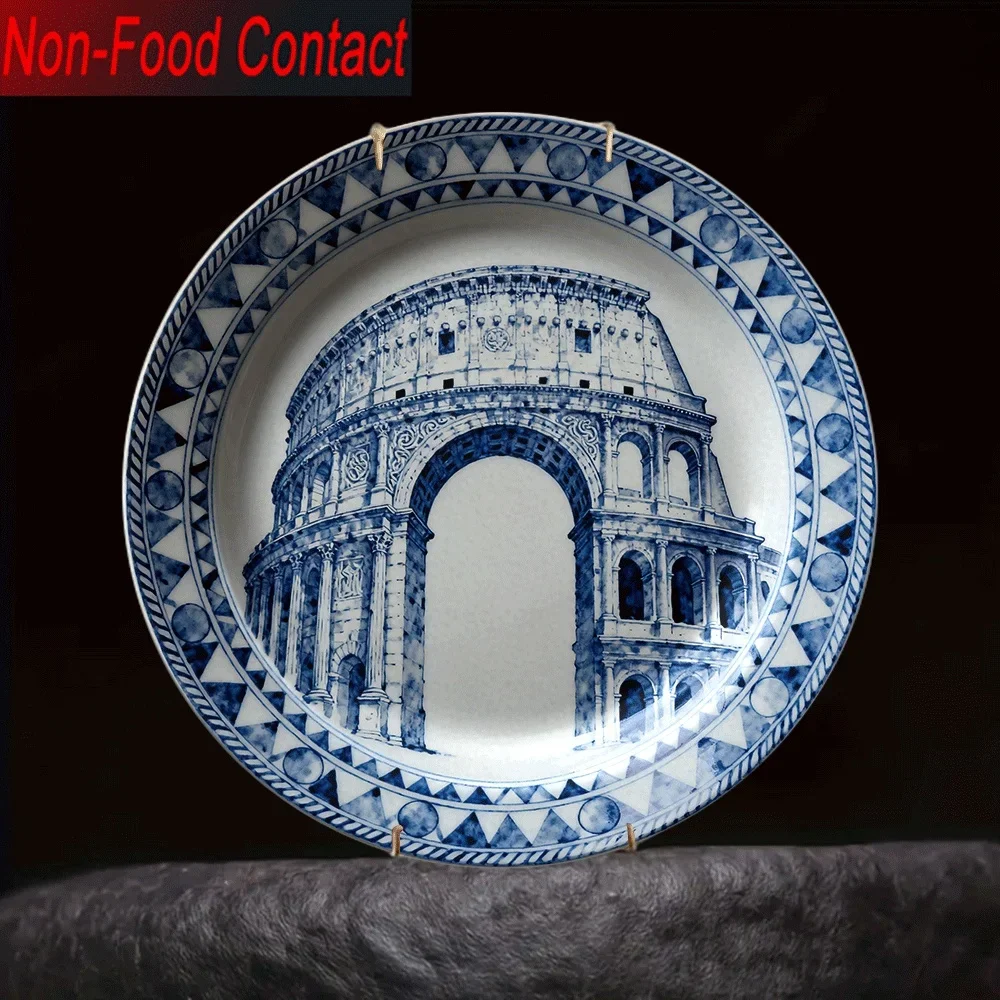 1pc Roman Colosseum Ceramic Decorative Plate - Ornate White & Blue Ancient Rome Replica, Non-Food Contact Historical Artifact