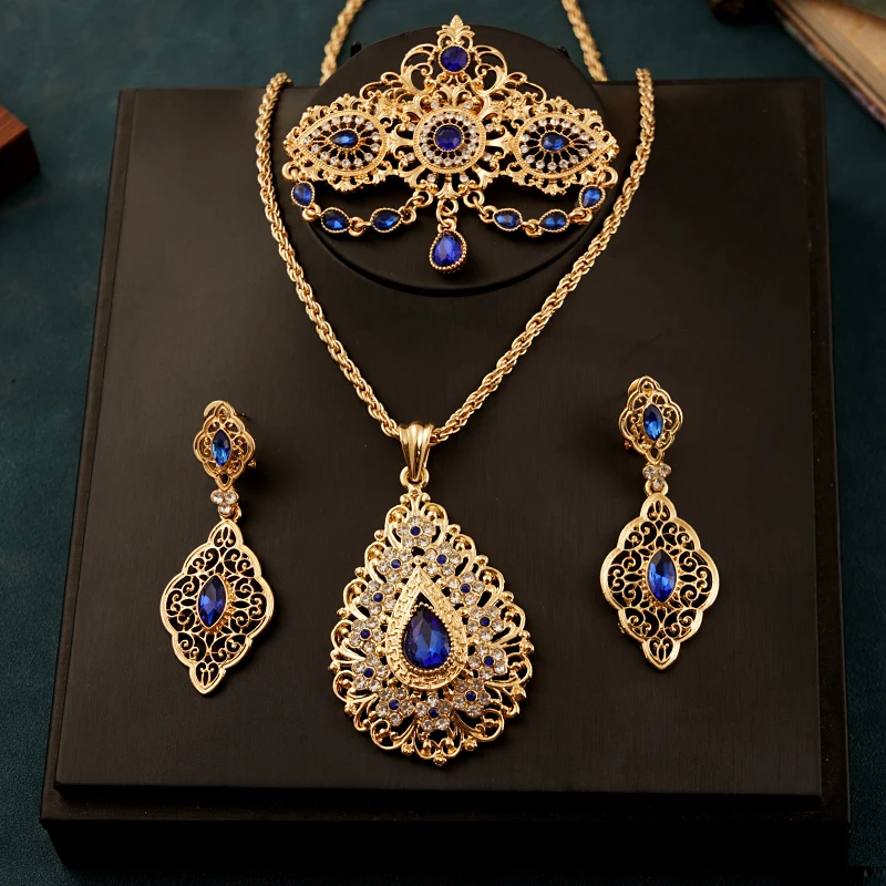 Royal Blue Water Drop Pendant Necklace Chain Gold Plated Jewelry Set Morocco Algeria Wedding Jewelry Birdal Luxury Wome Gifts