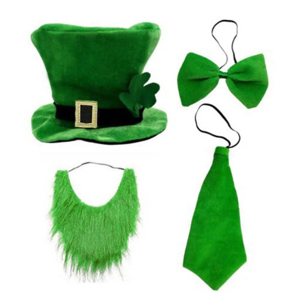 Irish Festival Green Hat Tie Beard Suit Cosplay St.Patrick's Day Shamrock Carnival Halloween Party Costume Props 4pcs/Set