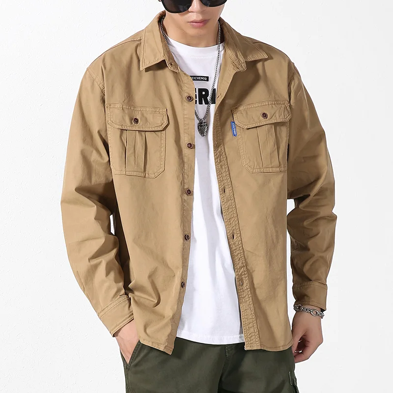 

Men's Tactical Work Shirts Relaxed Fit Button Down Cotton Long Sleeves Outdoor Multi Pockets Military Shirts Solid Khaki Tops