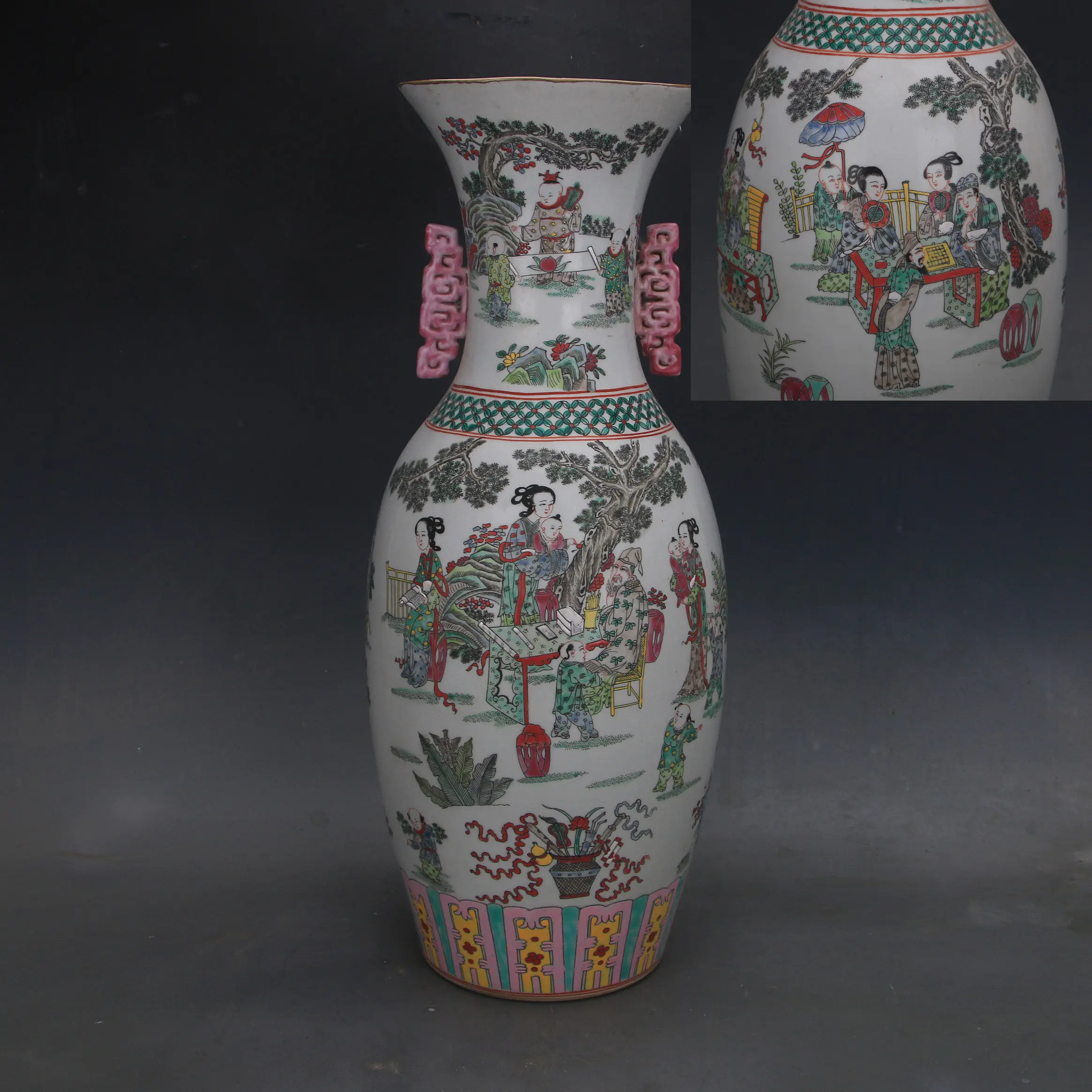 Famille Rose Porcelain Vase with Lady Figure Double Handles Kangxi Style Antique Replica Home Decor Ornament
