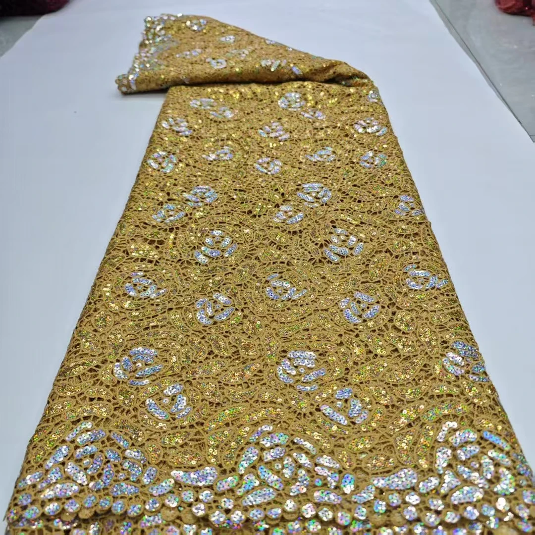 

Latest Gold African Guipure Cord Lace Fabric 2025 High Quality Sequins Embroidery Nigerian Lace Fabric For Party Dress KHD25155