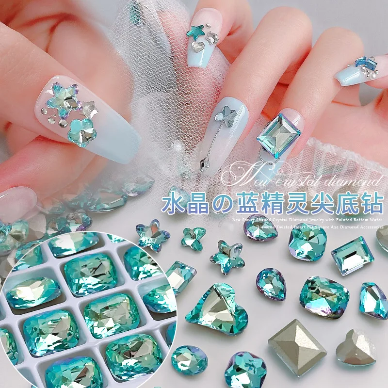 

Mix 65 pcs of blue nail art crystal gemstone pointed-bottom large diamond super sparkling lake blue crystal nail diamond jewelry