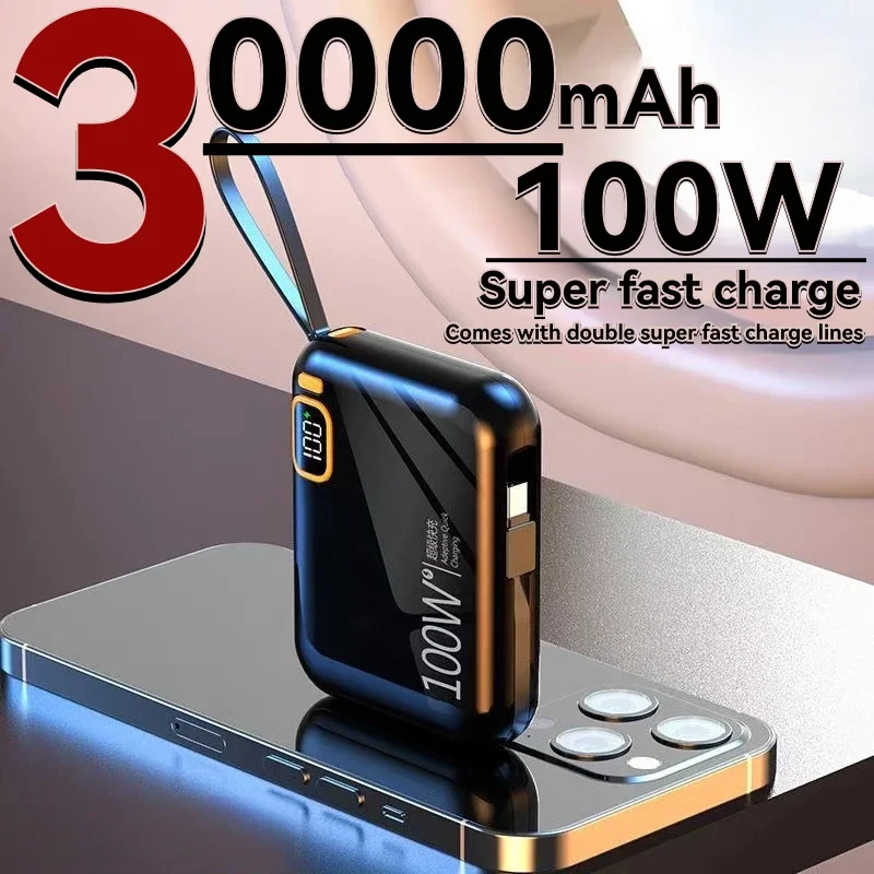 

Portable Mini Power Bank, 100W, 30000mAh, Built-in Cable, PD20, Super Fast Charging, Compact, New