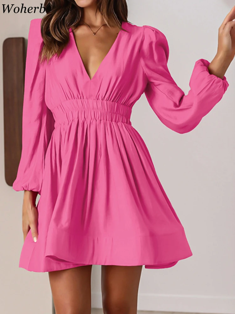 2024 Vestidos De Mujer Sexy Temperament Dresses for Women V Neck Puff Sleeve Autumn New Robe Femme Vintage Pleated A-line Dress