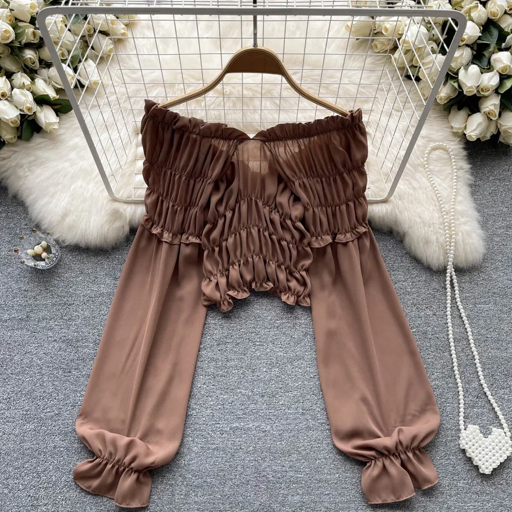 Women Chic Pleated Tank Top Slim Basic Hotsweet French Fashion Slash Neck Long Puff Sleeve Short Crop Top Autumn Women Blouse