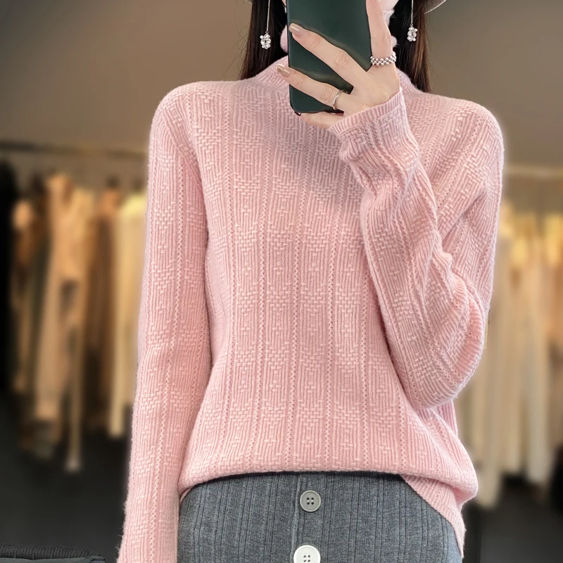 

100% Merino Wool First-line High Neck Women's Sweater Spring Autumn New Knitted Pullover Casual and Fashionable Lace up Tops