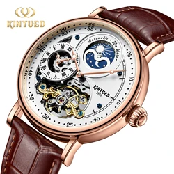 Kinyued Men's Skeleton Automatic Mechanical Watch Moon Phase Two Time Fashion Man Wrist Watches Waterproof Leather Strap Watch