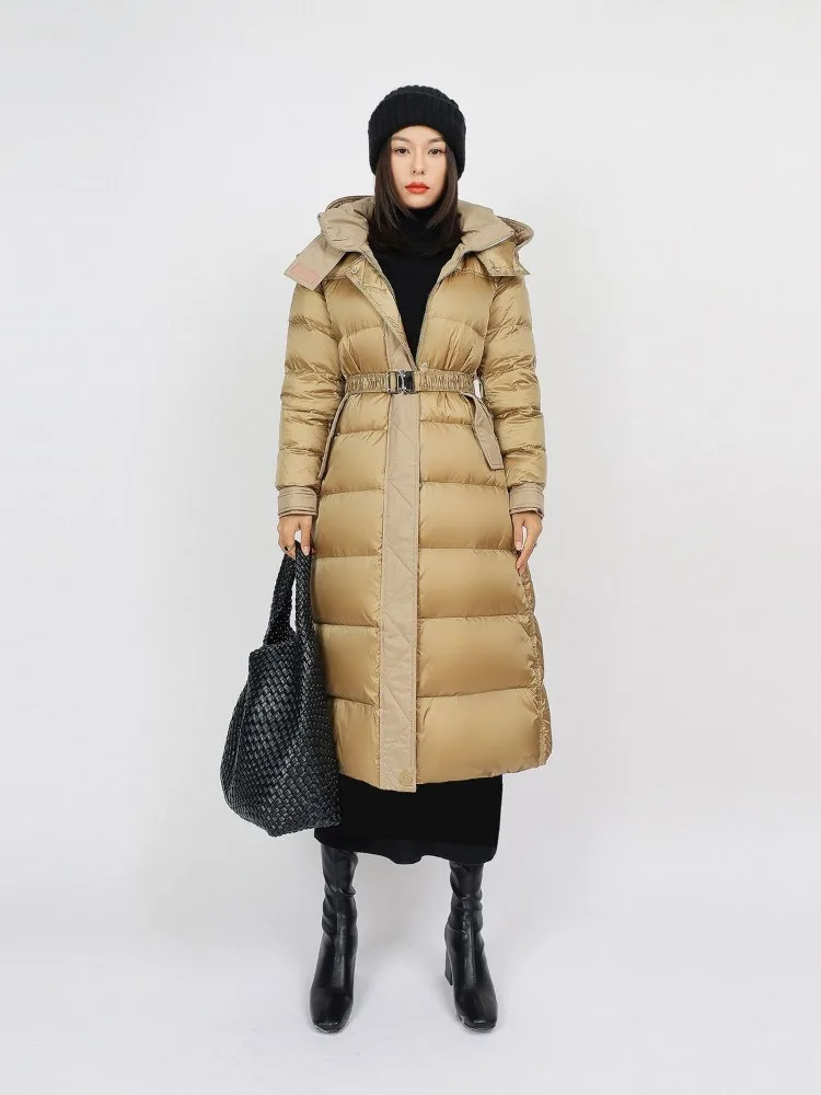High-end Women Mid-Length Down Jacket Over-the-knee Puffer Jacket Thicken Cinched Waist Slim-Fit  Detachable Hood 90% Down Fill