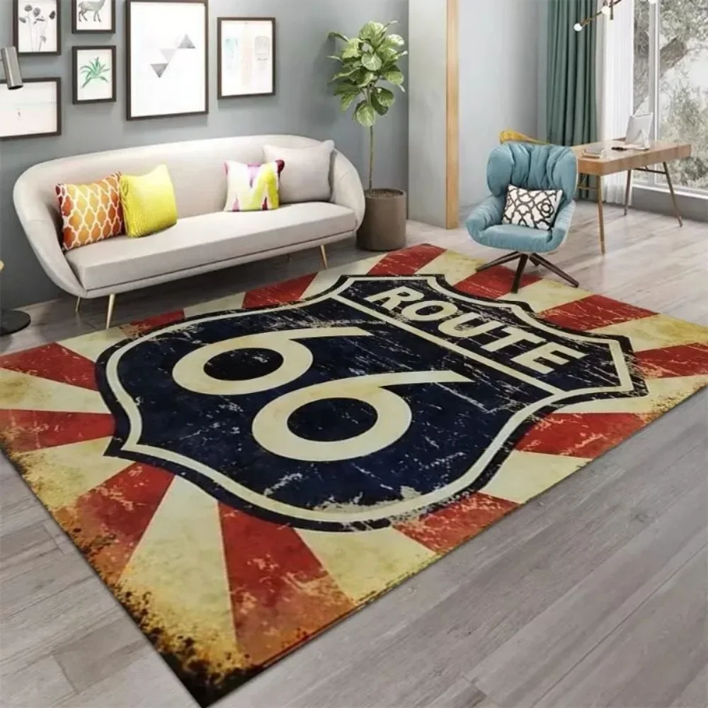Route 66 Crystal Velvet Motorcycle Mat, Non-Slip Garage Floor Mat for Motorbike Parking, Retro American Style, Home Garage Decor