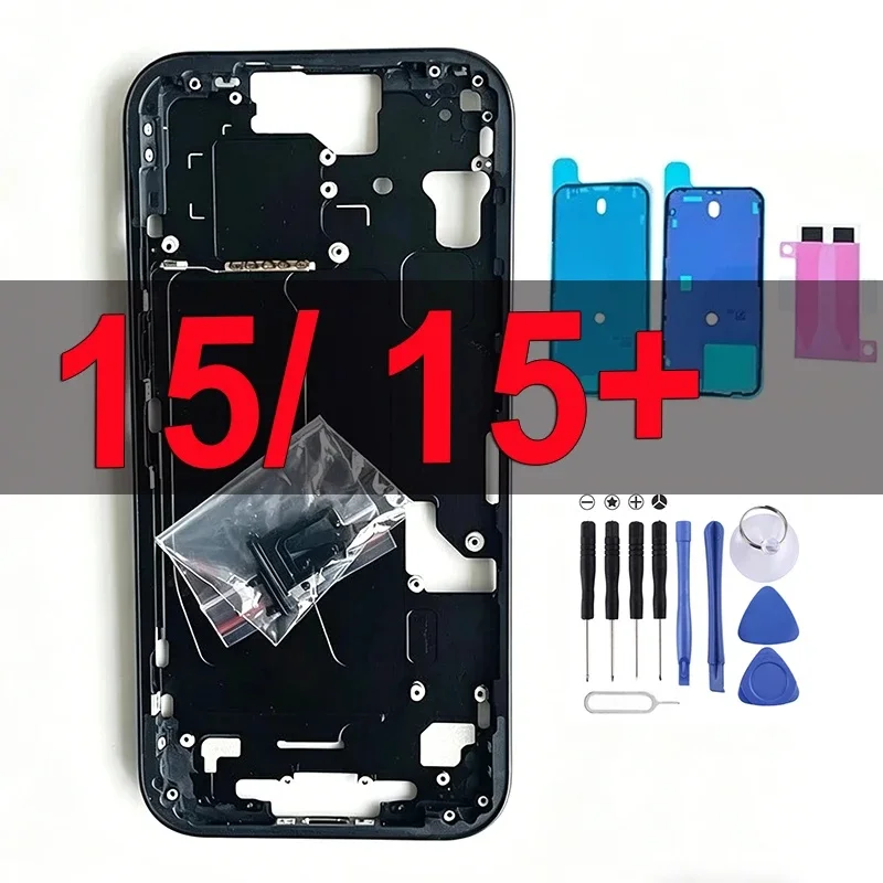 iphone-15-15-plus用oemミドルハウジングフレーム、simトレイ、ボタン、ツール、防水接着剤付きフルシャーシ交換キット