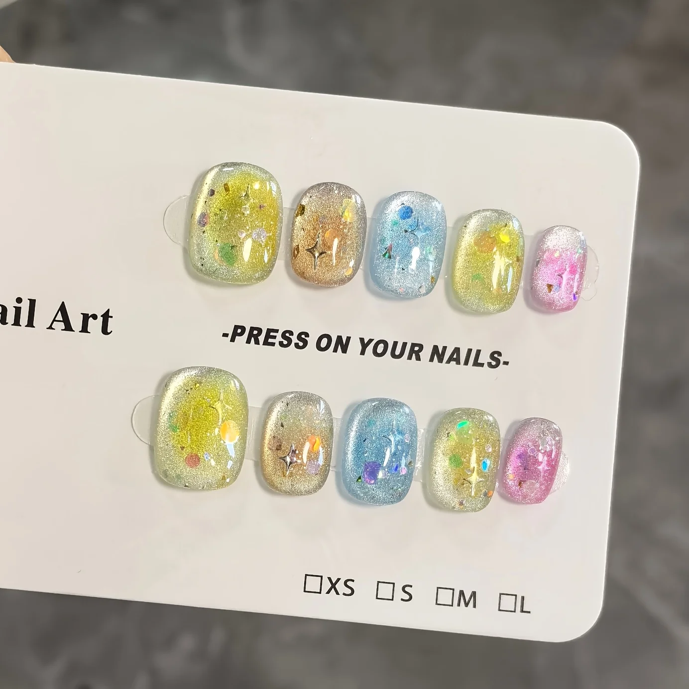 

10pcs Handmade Press on Nails New Candy Summer Colorful Flashing Cat's False Nail for Women&Girls Detachable Wearable Nails