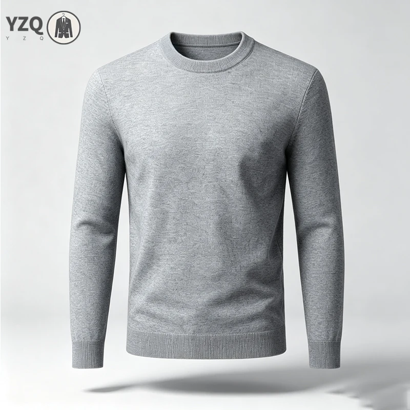 Male Warm Knitted Pullover Round Neck Style Lightweight Soft Knit Fabric Long Sleeve Tops For Office And Daily Outfit