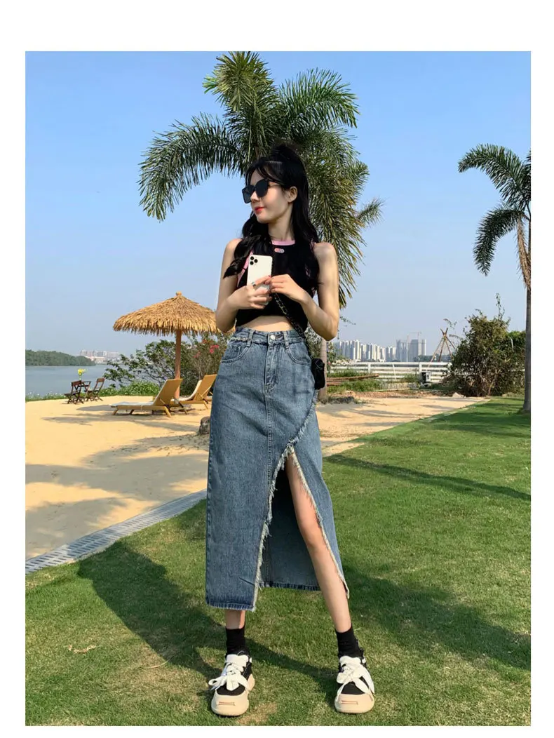 American Style Irregular Vent Cowboy Skirt Women Ins Wind Hottie Flash Leisure Medium Length Letter A Half Body Hip Hugging Skir