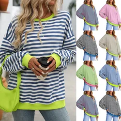 YJKDYK 2024 Spring Autumn Women's Pullovers Female Contrast Stripe O-neck Sweatshirt Women Casual Loose Sport Shirt Tops