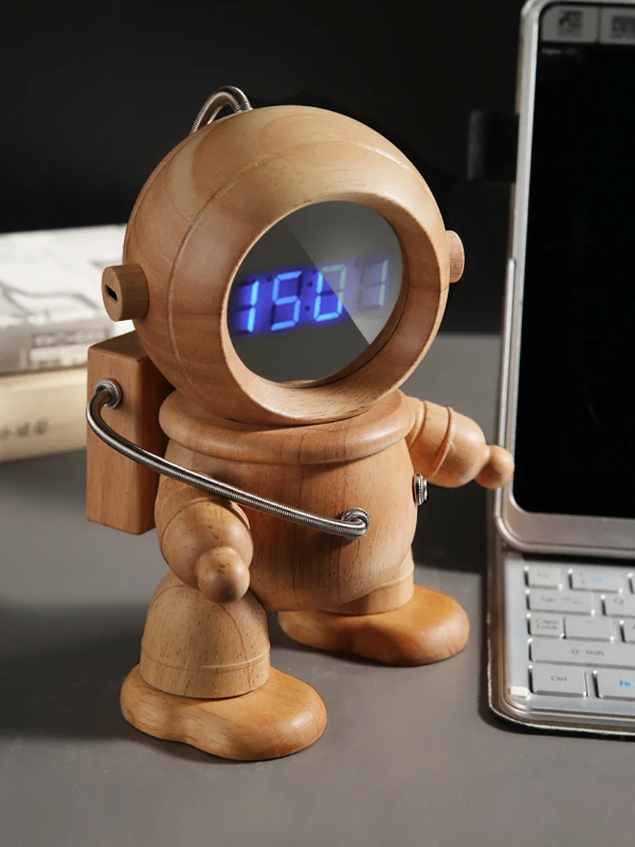 Astronaut Solid Wood Electronic Alarm Clock Tabletop Ornament Student Boy Gift Creative Clock Engraving