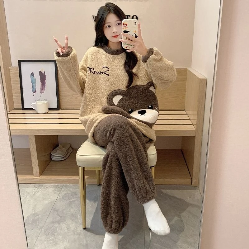 

Coral Fleece Pajamas Women's Winter Long-sleeved Thickened Cute Bear Loungewear Flannel Spring and Autumn Wear Suit Comfortable