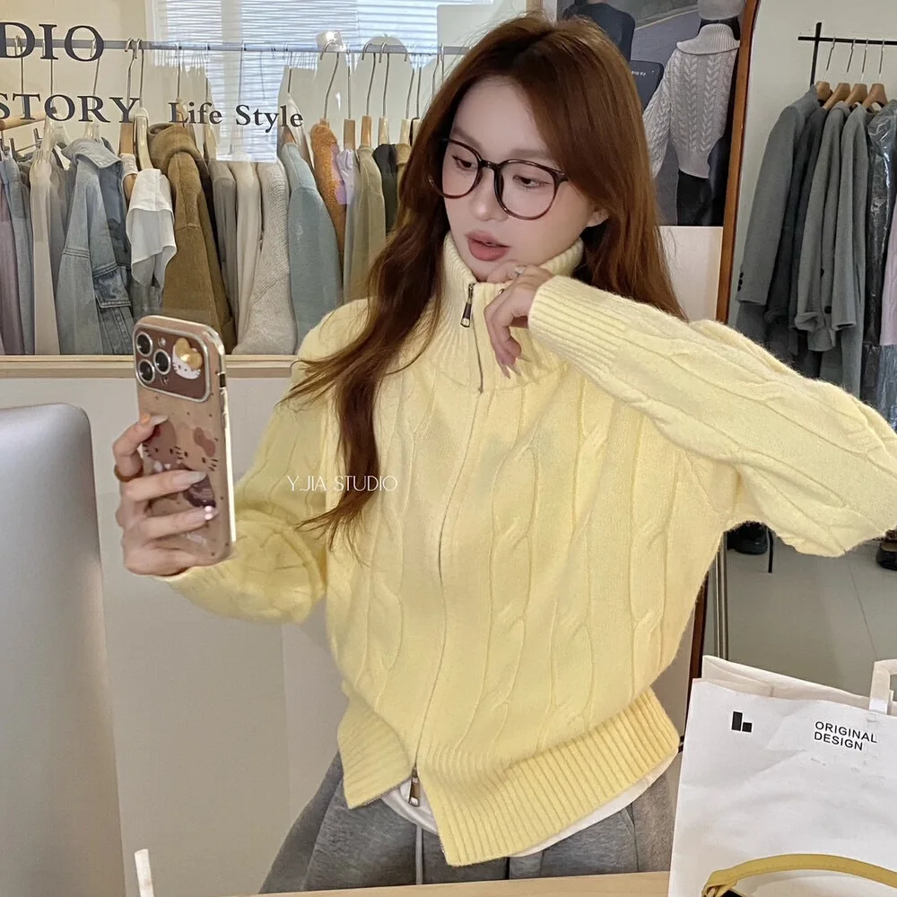 

Вязаный кардиган женский корейский ретро витой цветок воротник-стойка свитер куртка женская осень-зима