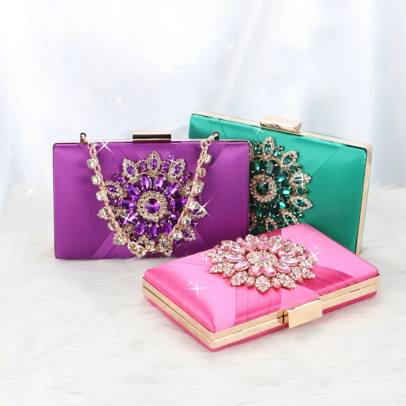 Retro Blue Satin Evening Bags For Women Classic Fashion Crystal Diamond Flower Clutches Square Handbags Prom Party Purses Clutch