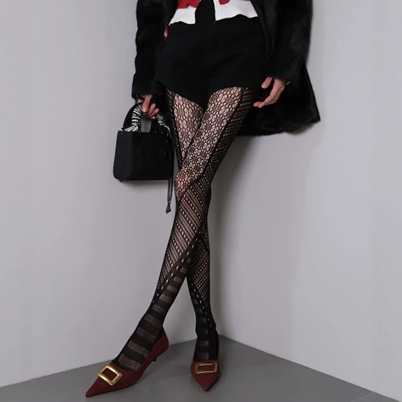 

Punk Irregular Floral Jacquard Fishnet Tights Sexy Women's Black Pantyhose Hollowed Patterned Mesh Hosiery Thigh High Stockings