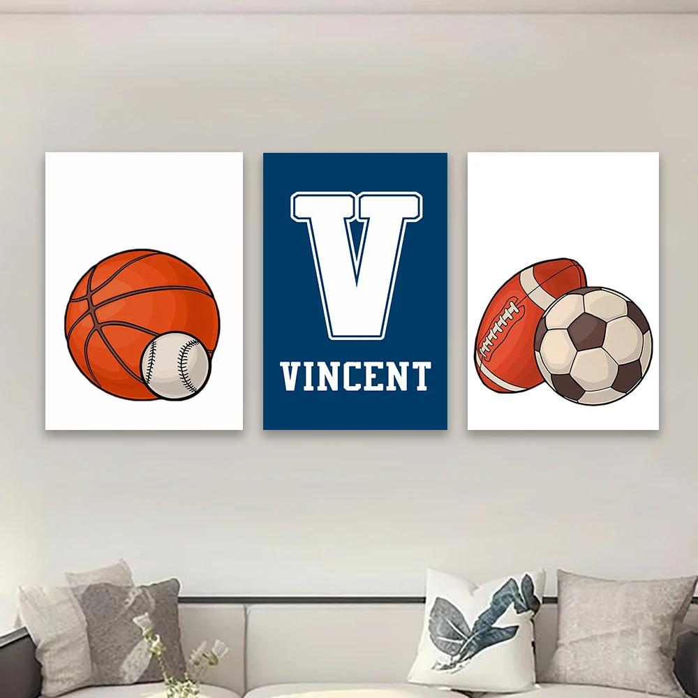 Custom Boy Room Decor 3 PCS Personalized Name Poster Custom Sports Prints Canvas Painting Kids Wall