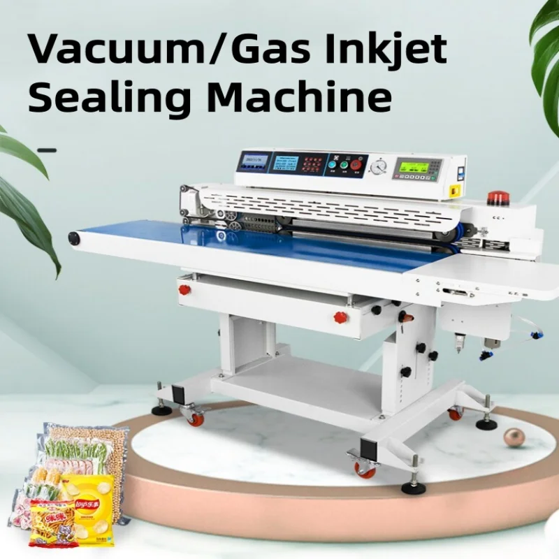 Continuous Vacuum Inflation Inkjet Coding Band Sealer Digital Conveyor Plastic Bag Sealing Machine with Mobile Wheels Customized