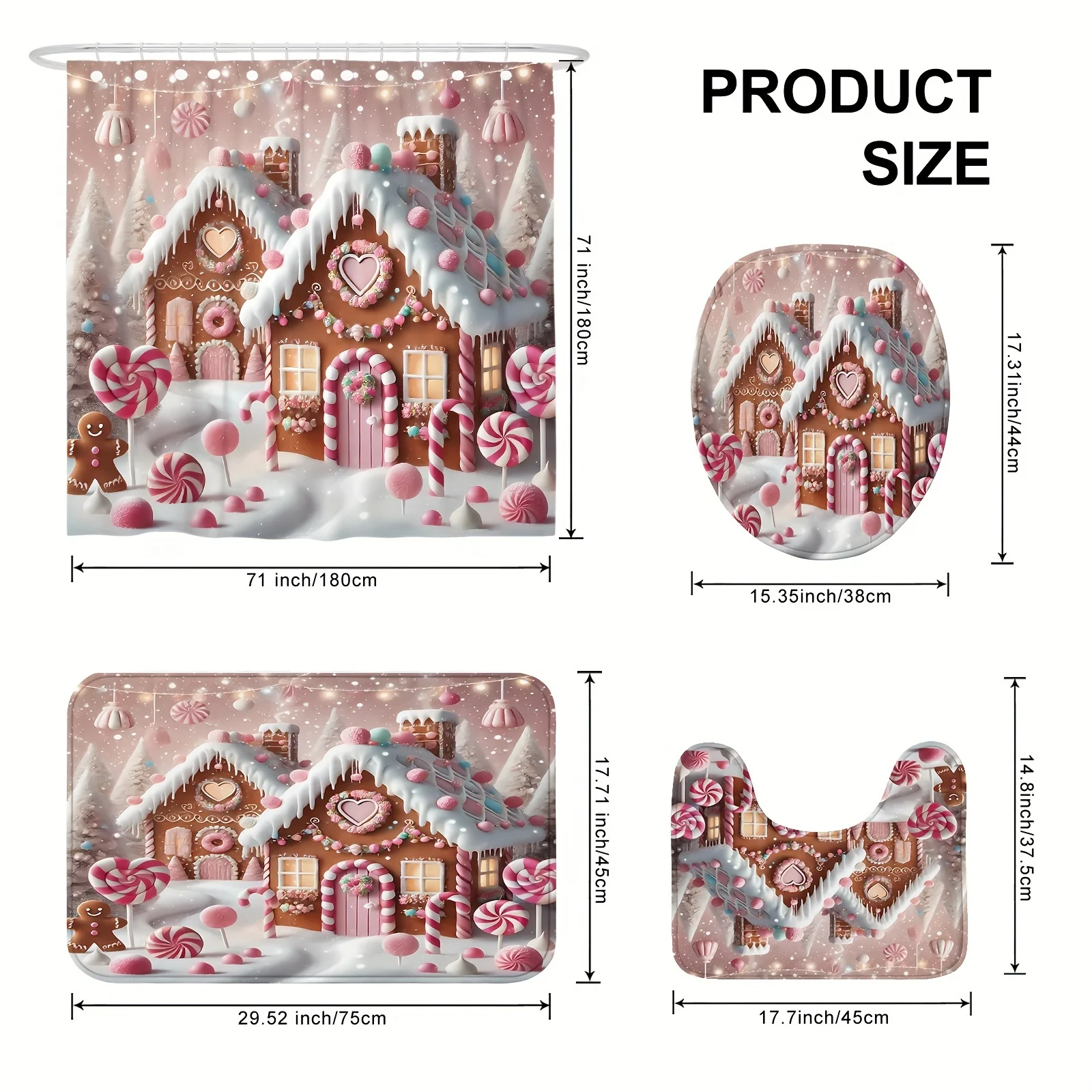 4pcs Christmas Gingerbread Candy Cane Shower Curtain Set with Non-Slip Mat & Toilet Cover, Pink Brown Cute Polyester  Xmas Decor