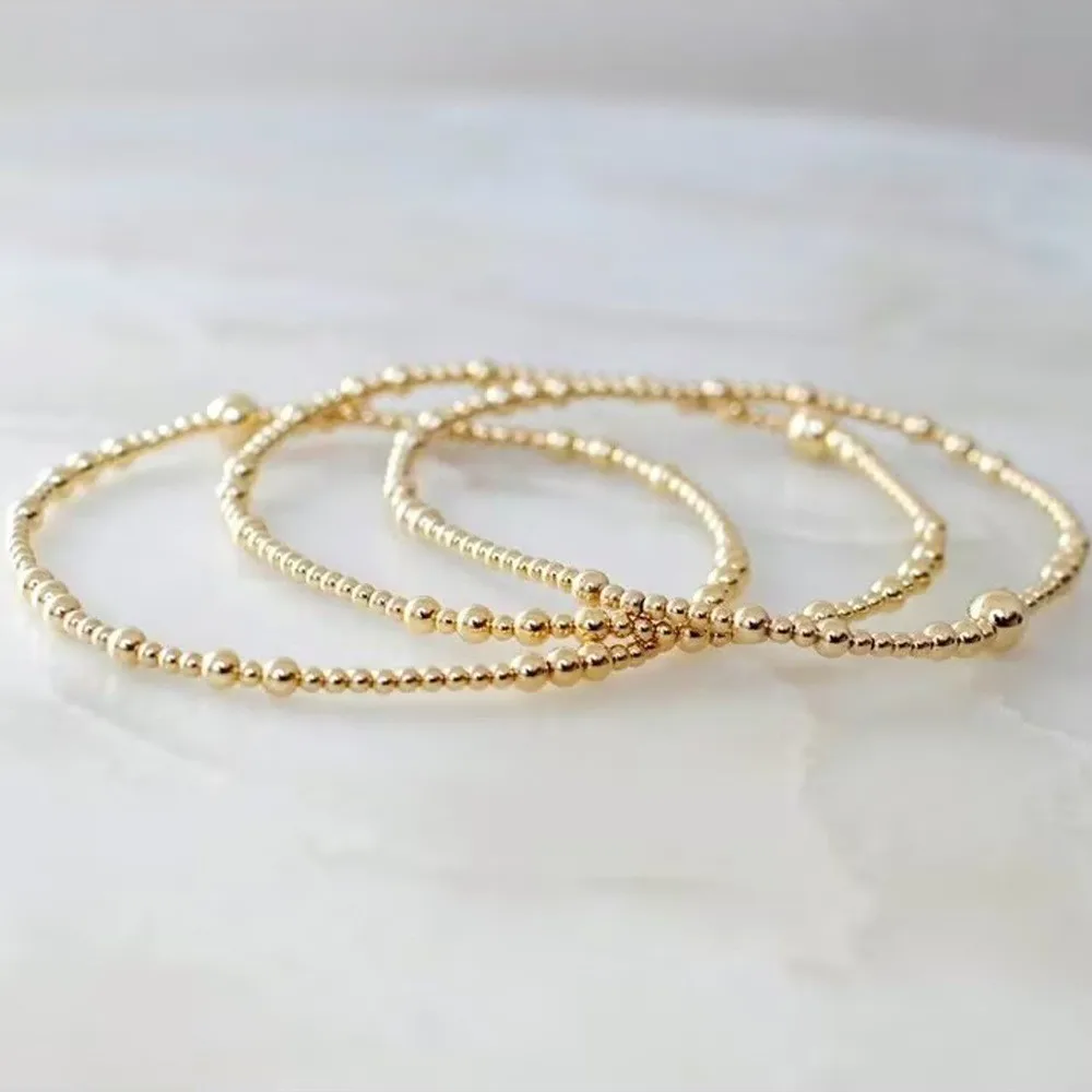 3Pcs Dainty Gold Beaded Stackable Bracelet Set, Gradient Round Ball Thin Chain Minimal Layering Wrist Jewelry for Women Daily