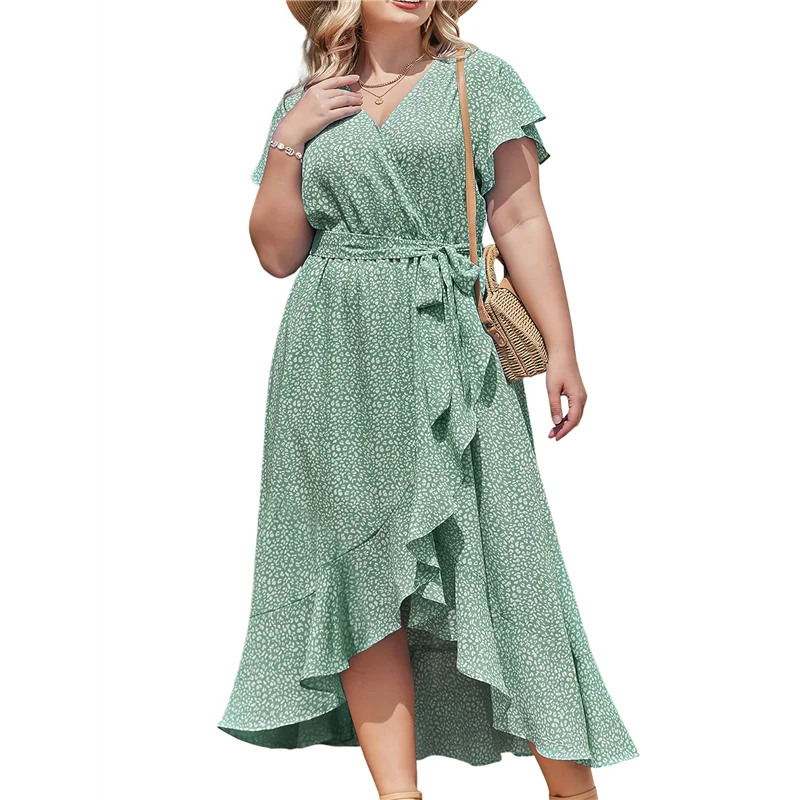 CYL-Plus Size Womens Floral Summer Dress Casual Wrap V Neck Short Sleeve Belted Beach Bohemian Maxi Dress