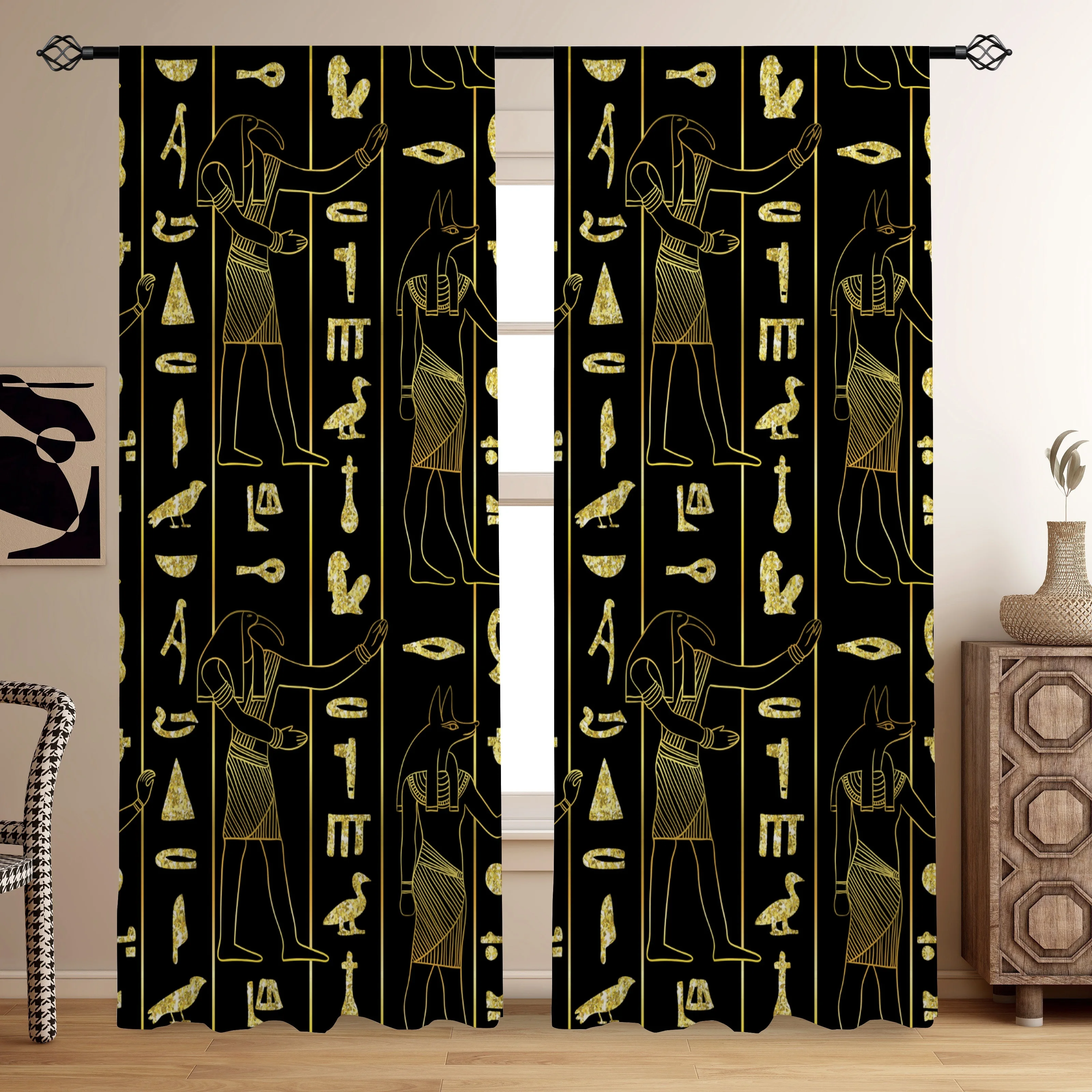 Ancient Egyptian Pharaoh Rod Pocket Window Curtains - Retro Culture Room Decor Set of 2 Panels