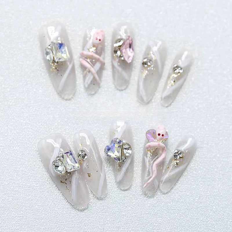 

Hand-worn Manicure 2024 New Ice-transparent Flash Diamond Gentle Wear Fake Nail Patch Long 3.0cm Nail Art